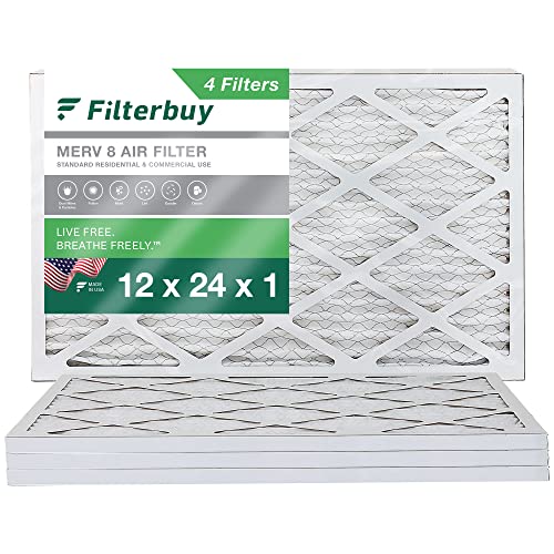 Filterbuy 12x24x1 Air Filter MERV 8 Dust Defense (4-Pack), Pleated HVAC AC Furnace Air Filters Replacement (Actual Size: 11.38 x 23.38 x 0.75 Inches)