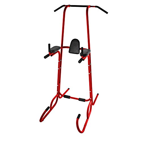 Stamina X Power Tower with VKR – Dip Bar Pull Up Bar Station with Smart Workout App – Dip Bars for Home Workout – Up to 250 lbs Weight Capacity – Red