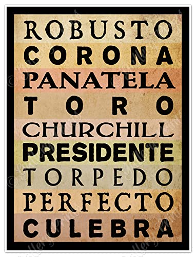 Cigar Sizes Wall Decor: Robusto, Corona, Panatela, Toro, Churchill, Presidente, Torpedo, Perfecto, Culebra – Vintage Style Tobacco Art Print Poster – measures 18 x 24 inches (610 x 458 mm)