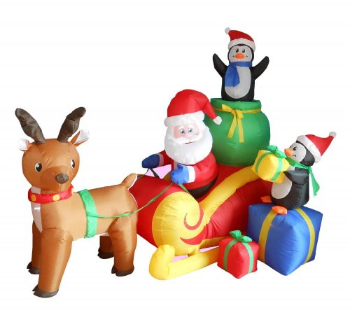 6 Foot Long Christmas Inflatable Santa on Sleigh with Reindeer and Penguins Yard Decoration Lights Decor Outdoor Indoor Holiday Decorations, Blow up Lighted Yard Decor, Lawn Inflatables Home Family