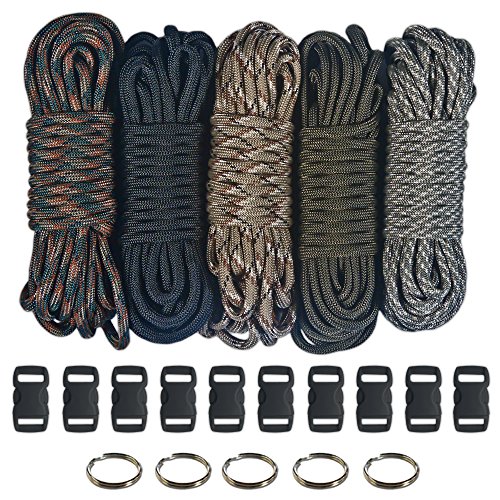 Paracord 550 Kit – Five Colors (Olive Drab, ACU, Woodland Camo, Desert Camo, & Black) 100 Feet Total w/10 3/8″ Black Side Release Buckles & (5) 32mm Key Rings