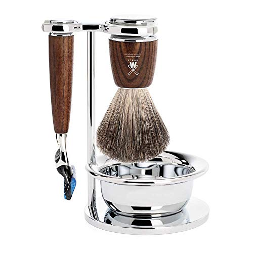 MÜHLE RYTMO Steamed Ash 4-piece Pure Badger 5-Blade Razor Modern Luxury Wet Shaving Set – Perfect for Every Day Use, Barbershop Quality Close Smooth Shave