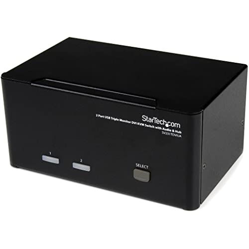 StarTech.com 2 Port Triple Monitor DVI USB KVM Switch with Audio & USB 2.0 Hub – Multi Monitor KVM – Dual Port KVM Switch (SV231TDVIUA),Black