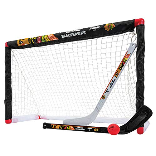 Franklin Sports Chicago Blackhawks Mini Hockey Set – Knee Hockey Goal, Ball, & 2 Hockey Stick Combo Set – Mini Goal Net – NHL Official Hockey Set
