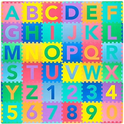 ProSource Kids Puzzle Alphabet, Numbers, 36 Tiles and Edges Play Mat, 12″ by 12″,Abc & 123