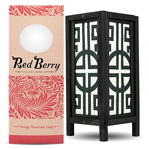 Red Berry Bedside Japanese Lamp – Vintage Asian Inspired Decorative Table Lamp with Fabric Square Lamp Shade – Retro Classic China Black White Lamp for Bedroom Nightstand, Desk, Living Room, Dorm Classic China Black White