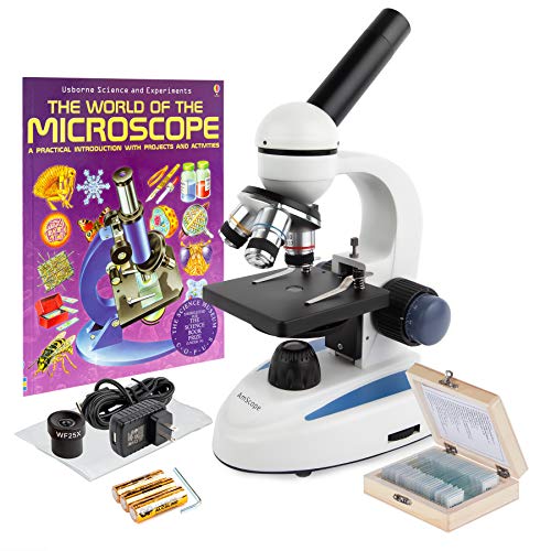 AmScope M158C-PS25-WM Cordless Compound Monocular Microscope, WF10x and WF25x Eyepieces, 40x-1000x Magnification, LED Illumination with Rheostat, Brightfield, Single-Lens Condenser, Coaxial Coarse and Fine Focus, Plain Stage, 110V or Battery-Powered, Incl