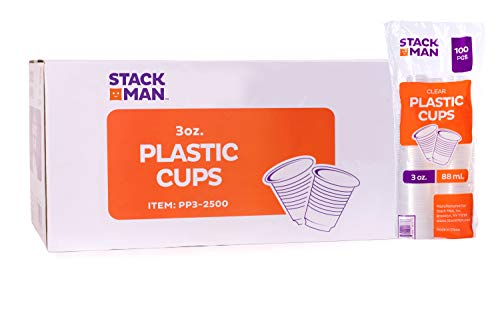 Stack Man Case of 2,500 – 3 oz. Disposable Clear Plastic Cups, 100 Count Packages (25/100)