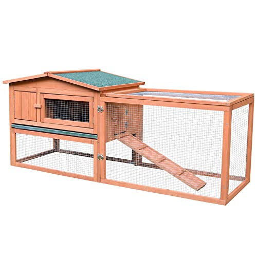 Pawhut 62″ Outdoor Rabbit Hutch with Run, Guinea Pig Pet House Bunny Cage with Pull Out Tray, Waterproof Roof