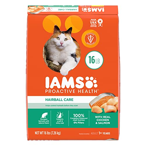 IAMS PROACTIVE HEALTH Adult Hairball Care Dry Cat Food with Chicken and Salmon Cat Kibble, 16 lb. Bag