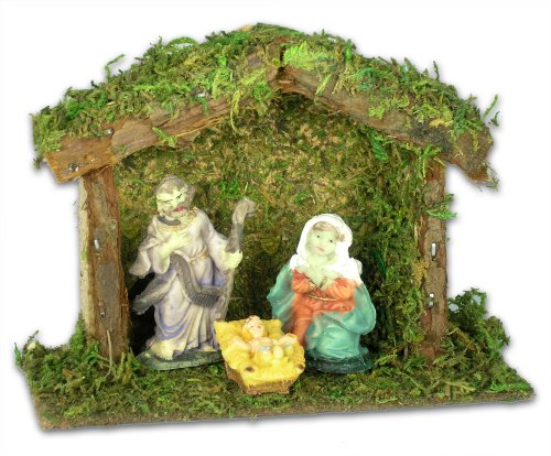 BANBERRY DESIGNS Children’s Nativity Set with Wood Stable Mary Joseph Jesus Creche Holy Family Starter Set