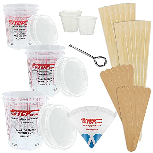 TCP GLOBAL Premium Paint Mixing Essentials Kit. Comes with 12 Mixing Cups, 6 Lids, 12 Wooden 12″ Mixing Sticks, 12 Wooden Mini Mixing Paddles, 12 HQ 190 Mesh Paint Strainers & Paint Can Opener.