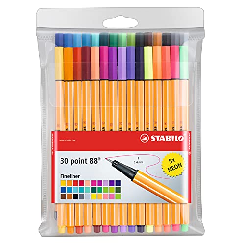 Fineliner – STABILO point 88 – Wallet of 30 – Assorted colors incl 5 neon colors