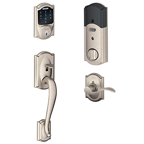 SCHLAGE Connect Camelot Touchscreen Deadbolt with Built-In Alarm and Handleset Grip with Accent Lever, Satin Nickel, FE469NX ACC 619 CAM LH, Works with Alexa
