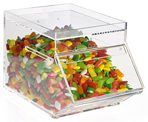 Displays2go Clear Plastic Candy Container, 6-1/8″w x 6-3/8″h x 9-1/2″d, with Hinged Door Holds 1 Gallon of Dry Foods