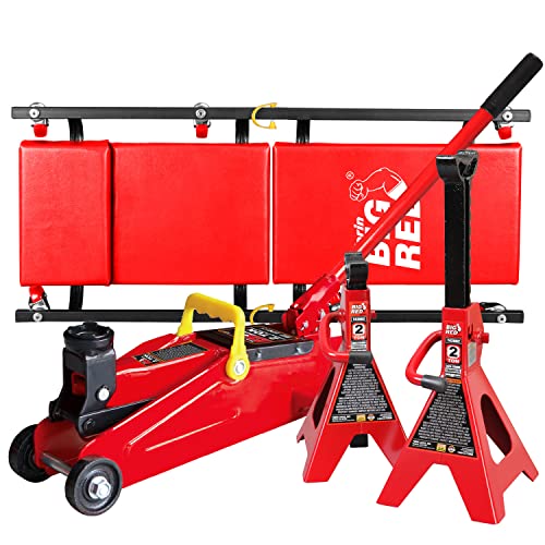 BIG RED T82040 Torin Hydraulic Trolley Floor Service/Floor Combo with 2 Jack Stands and Rolling Garage/Shop Creeper, 2 Ton (4,000 lb) Capacity, Red
