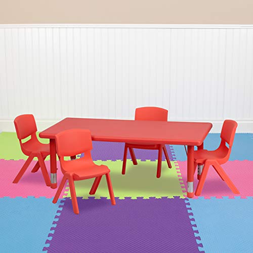 Flash Furniture 24”W x 48”L Rectangular Red Plastic Height Adjustable Activity Table Set with 4 Chairs
