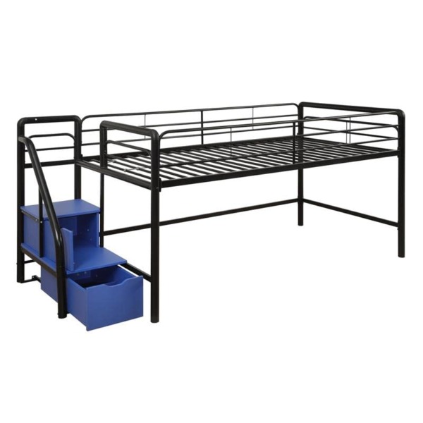 DHP Junior Twin Metal Loft Bed with Storage Steps, Multifunctional Space-Saving Solution – Black with Blue Steps
