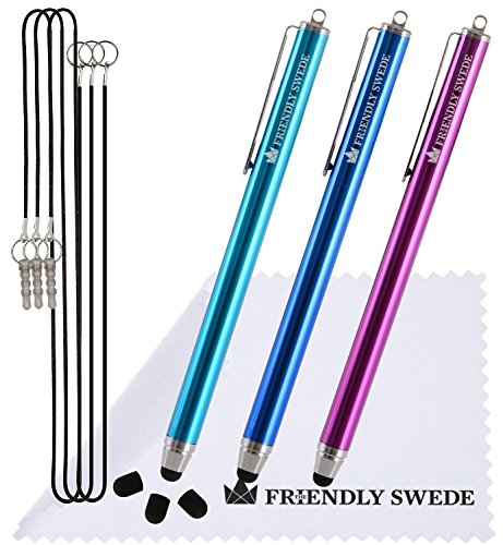 The Friendly Swede High Precision Stylus Pens for Touch Screens, 3pcs 5.5″ Stylus Pen with Replaceable Thin-Tip, Incl. Replacement Tips, Lanyards & Screen Cleaning Cloth – Aqua Blue/Dark Blue/Purple