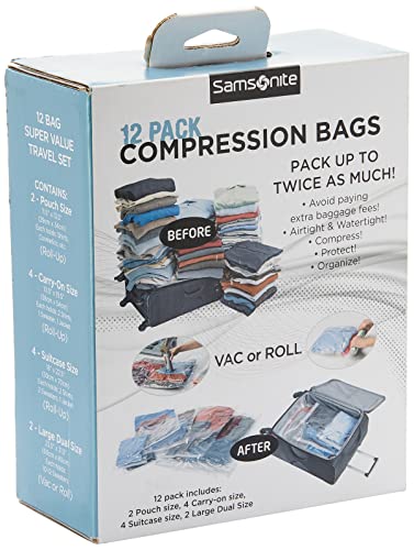Samsonite Compression Packing Bags, Clear, 12-Piece Kit (2-Pouch/4-Carry-On/4-Large/2-X-Large