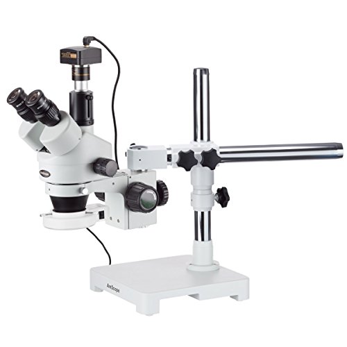 AmScope SM-3T-54S-5M Digital Professional Trinocular Stereo Zoom Microscope, WH10x Eyepieces, 7X-45X Magnification, 0.7X-4.5X Zoom Objective, 54-Bulb LED Light, Single-Arm Boom Stand, 110V-240V, Includes 5MP Camera with Reduction Lens and Software