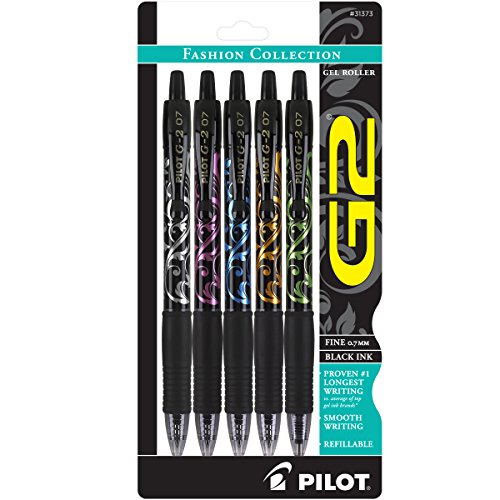 PILOT G2 Fashion Collection Colors Refillable and Retractable Rolling Ball Gel Pens, Fine Point, Silver/Pink/Blue/Orange/Green Design Barrels, Black Ink, 5-Pack (31373)