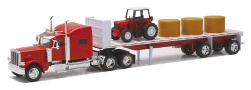New-Ray Peterbilt 389 with Hay and Farm Tractor Playset 1/32 Scale Model Toy Vehicles, 10293A, Red