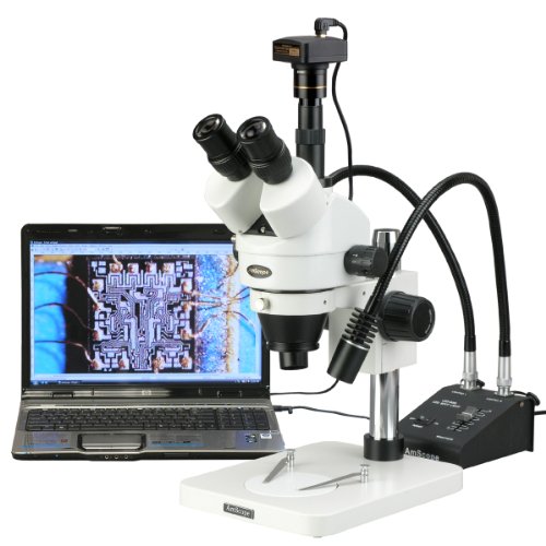 AmScope SM-1TSW2-L6W-5M Digital Professional Trinocular Stereo Zoom Microscope, WH10x and WH25x Eyepieces, 3.5X-225X Magnification, 0.7X-4.5X Zoom Objective, 6W Dual-Gooseneck LED Light, Pillar Stand, 85V-265V, Includes 0.5X and 2.0X Barlow Lenses, Includ