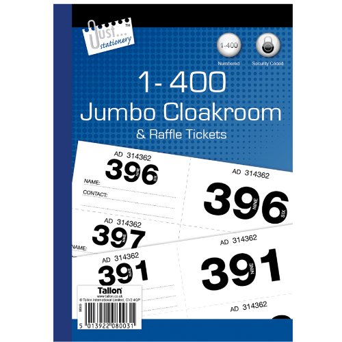 Just stationery 1-400 Jumbo Cloakroom Raffle Ticket, White, 145 x 220 mm approx, 8003