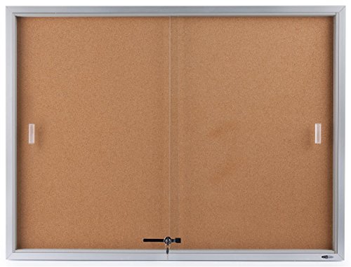 48″ x 36″ Enclosed Bulletin Board for Wall Mount, Indoor Use Only, 4′ x 3′ Cork Board with Sliding Glass Door – Silver Aluminum Frame