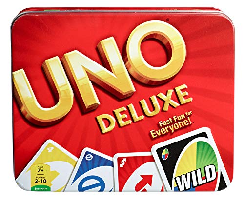 UNO Deluxe Card Game for with 112 Card Deck, Scoring Pad and Pencil, Kid Teen & Adult Game Night for 2 to 10 Players, Makes a Great Gift for 7 Year Olds and Up