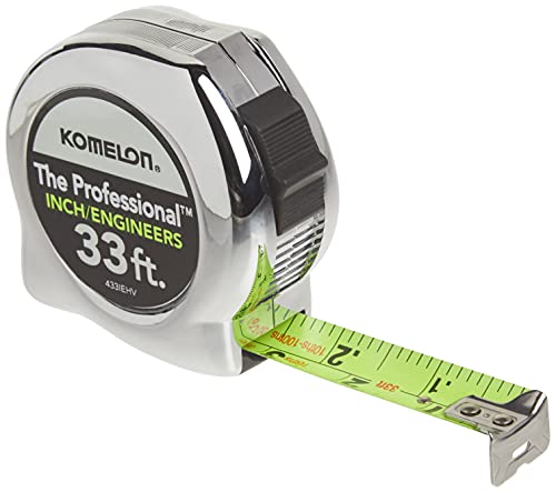 Komelon 433IEHV High-Visibility Professional Tape Measure both Inch and Engineer Scale Printed 33-feet by 1-Inch, Chrome