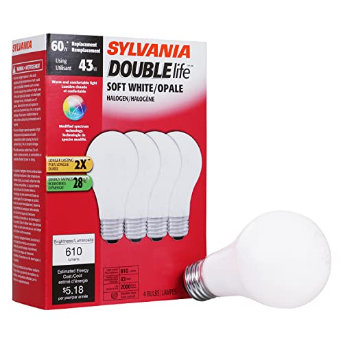 SYLVANIA Halogen Light Bulb, A19, 60W Equivalent, Efficient 43W, 610 Lumens, Medium Base, 2750K, Soft White – 4 Pack (50046)