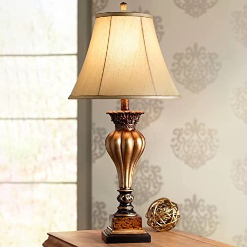 Regency Hill Senardo Traditional Table Lamp Vase Silhouette with Fluting and Floral Detail 30″ Tall Gold Tan Bell Shade Decor for Living Room Bedroom House Bedside Nightstand Home Office