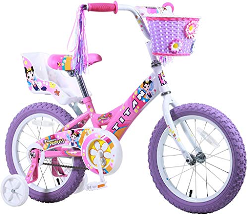Titan Girl’s Flower Princess BMX Bike for 4-9 Years Girls with Training Wheels 16 Inch Kids Toddler Bicycle with Utility Basket & Streamers – Pink