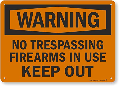 SmartSign – S-8638-AL-14 Warning – No Trespassing, Firearms in Use, Keep Out Sign by | 10″ x 14″ Aluminum Black on Orange