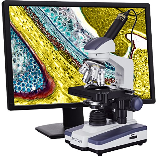AmScope M620C-E1 Digital Compound Monocular Microscope, WF10x and WF25x Eyepieces, 40x-2500x Magnification, Brightfield, LED Illumination, Abbe Condenser, Mechanical Stage, 110V, Includes 1.3MP Camera and Software