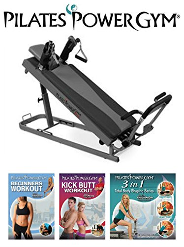 Pilates Power Gym Plus – Ultimate Pilates Power Gym Mini Reformer with Push Up Bar and 3 Celebrity Trainer Pilates Workout DVDs. Pilates Power Gym Push Up Bar Included