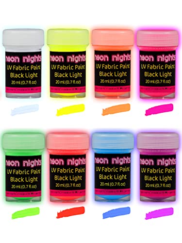 neon nights Glow in The Dark Fabric Paint – Pack of 8 Neon Fabric Paint Colors for Clothes & Textiles – UV and Blacklight Clothing Paint for Halloween Costumes – 20 mL