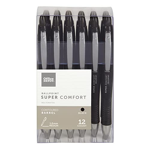 Office Depot Super Comfort Grip Retractable Ballpoint Pens, 1.0 mm, Medium Point, Black Ink, 12 pk, OD36101