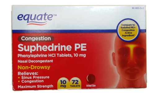 Equate Nasal Decongestant Suphedrine PE Phenylephrine HCl 10mg 72ct