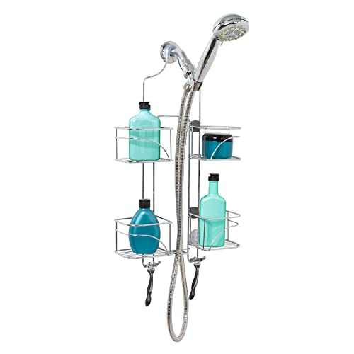 Zenna Home Hanging Shower Caddy, Over the Shower Head Bathroom Storage, Made for Handheld Shower Hoses, Rust Resistant, No Drilling, Expandable Organizer with 4 Baskets, Razor Holders, Hooks, Chrome