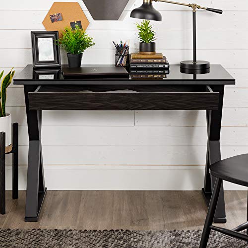 Walker Edison Lawrence Urban Industrial X Leg Glass Top Computer Desk, 48 Inch, Black | The Storepaperoomates Retail Market - Fast Affordable Shopping