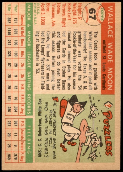 1955 Topps # 67 xDOT Wally Moon St. Louis Cardinals (Baseball Card) (No Red Dot above e) VG/EX Cardinals