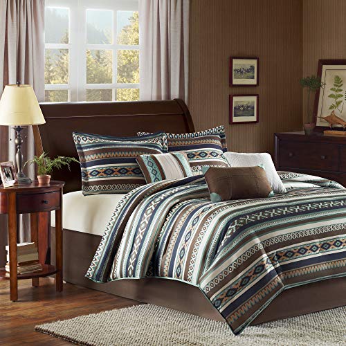 Madison Park Cozy Comforter Set – Rustic Southwestern Style, All Season Down Alternative Casual Bedding, Matching Shams, Decorative Pillows, Malone, Ikat Blue Queen(90″x90″) 7 Piece