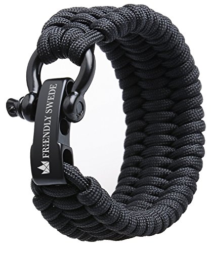 The Friendly Swede Trilobite Extra Beefy/Wide 500 lb Paracord Survival Bracelet With Stainless Steel Black Bow Shackle – Adjustable Size (Black M (7-8″ Wrists))