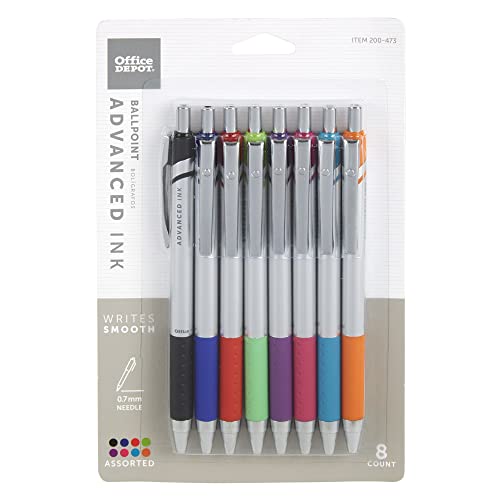 Office Depot Advanced Ink Retractable Ballpoint Pens, Needle Point, 0.7 mm, Assorted Barrels, Assorted Ink Colors, Pack Of 8