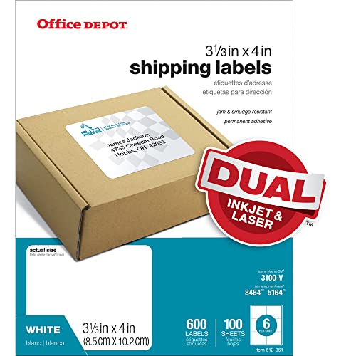Office Depot White Inkjet/Laser Shipping Labels, 3 1/3in. x 4in., Box Of 600, 505-O004-0010