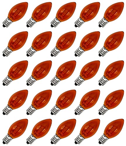 Creative Hobbies Box of 25 Light Bulbs -C7, Steady Burning – Transparent Orange – 7 Watt – Candelabra Base -Great for Night Lights, Pumpkin Lights and Christmas Strings