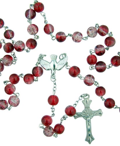 CB Catholic Teen Confirmation Gift 8MM Red Crackle Glass Bead with Holy Dove Center 21 Inch Rosary Necklace